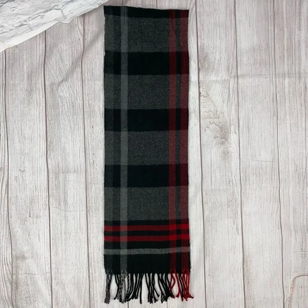Plaid black red grey scarf with fringe hem 60”x9.5”